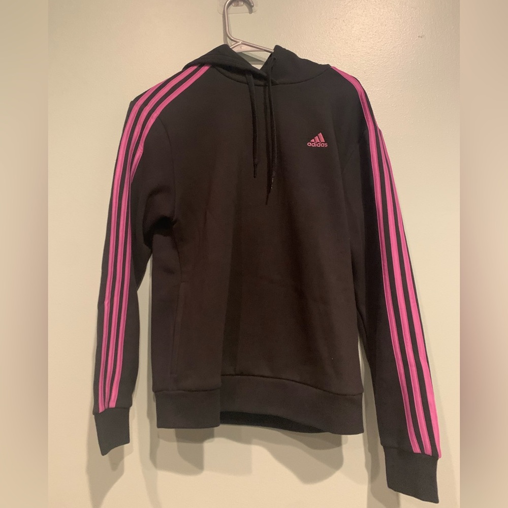 Adidas black hoodie with mauve stripes. Size S. NWT